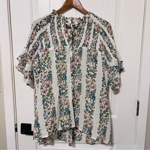 Umgee Floral Stripe Ruffle Short-Sleeve Blouse - White/Green/Pink Size Large